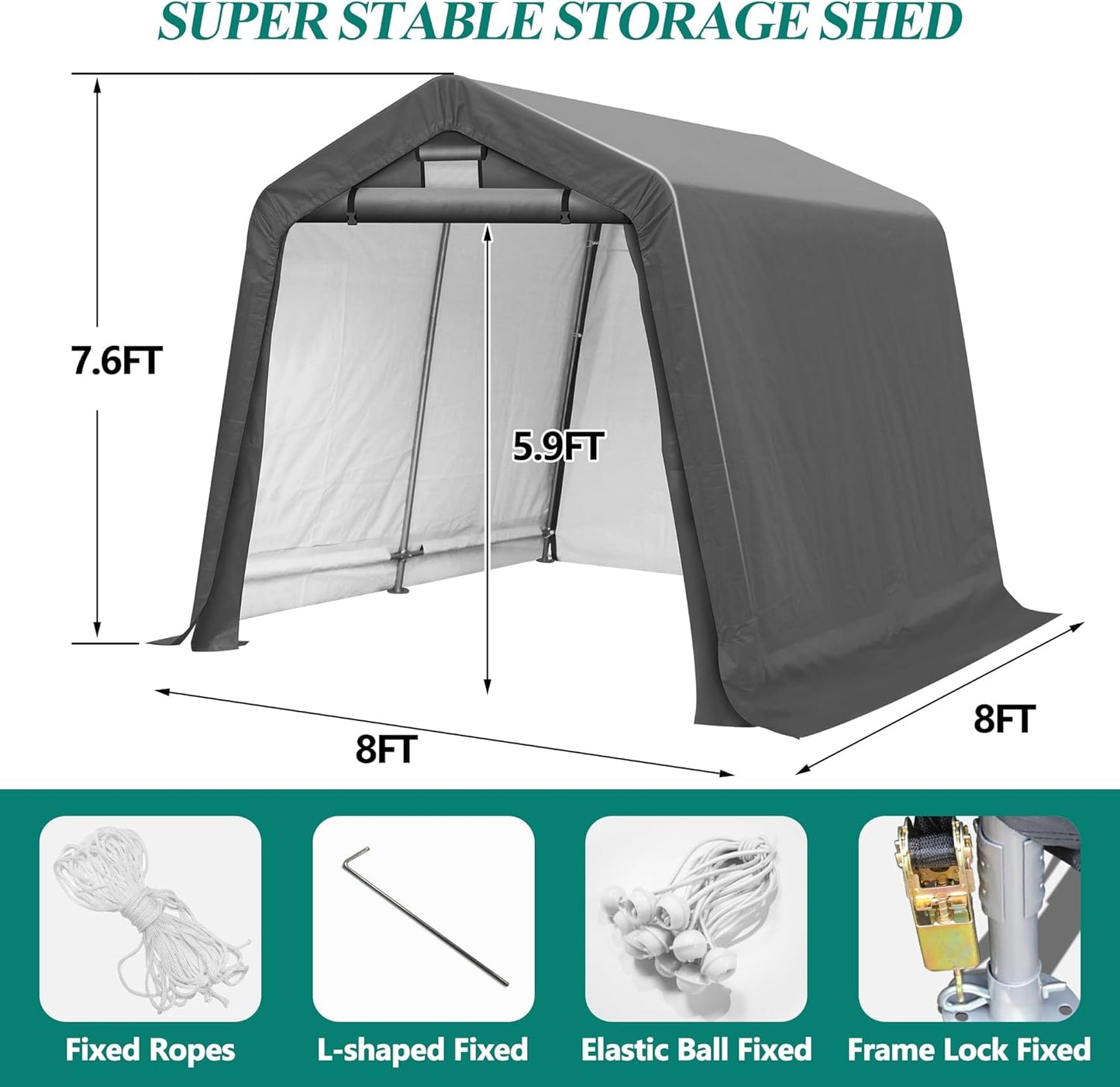 8' x 8' Outdoor Storage Shelter Shed- Heavy Duty Storage Tent with Roll-up Ventilated Windows, Portable Garage Zipper Storage shed for Bike, ATV, Motorcycle Shelter, Gray