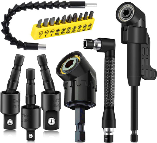 17pcs Flexible Drill Bit Extension, Include 3pcs Rotatable Socket Adapter 2pcs Hex Shank 105° Right Angle Drill Attachment 10 Short Screwdriver Bits Bendable Extension and 90° Angled Bits