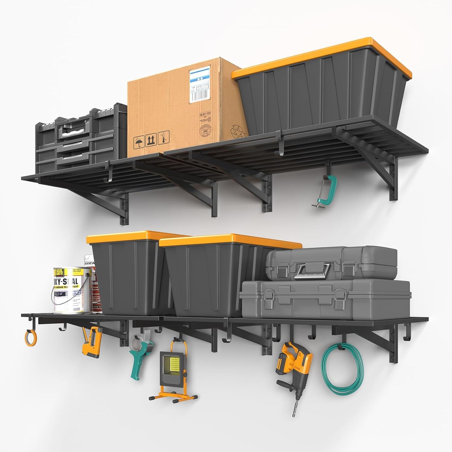 4-Pack 2x3ft Garage Shelving Wall Mounted, 2' x 3' Heavy Duty Garage Storage Shelves with Hooks, 800LB Capacity