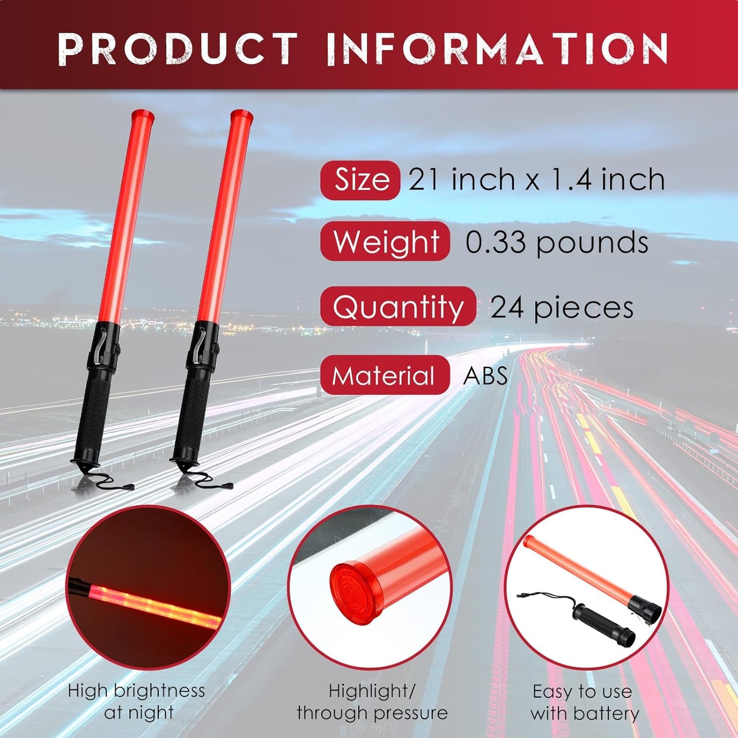 Weewooday 24 Pieces 21 Inch Signal Traffic Wand Safety Traffic Control Wand Safety Baton with 2 Flashing Modes LED Light, Wrist Strap Lanyard and Side Clip Design for Parking Guides, Red, 24 pcs