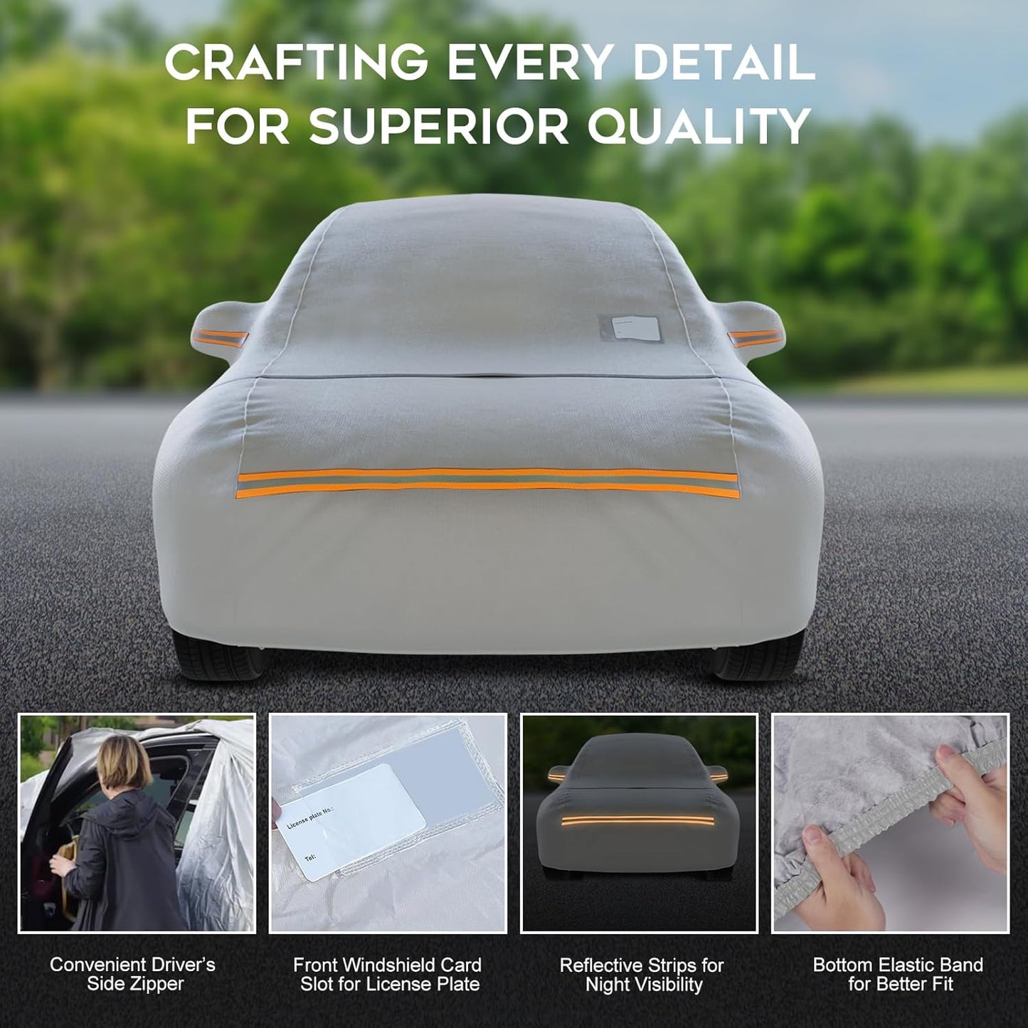 Waterproof Hatchback Car Cover: 6-Layer Protection from Rain, Snow, UV & Dust - Universal Fit up to 177 inches with Zipper Door & Windproof Straps for Outdoor, Garage, Travel Use,Silver