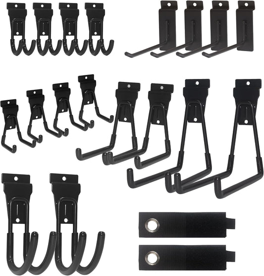 NeatiEase 20 PCS Slatwall Accessories Kit for Garage Rooms Shops Storage Organizing Display, Slat Wall Accessory Includes 18 PCS Multisized Heavy Duty Slatwall Hooks and 2 Pack Velcro Straps