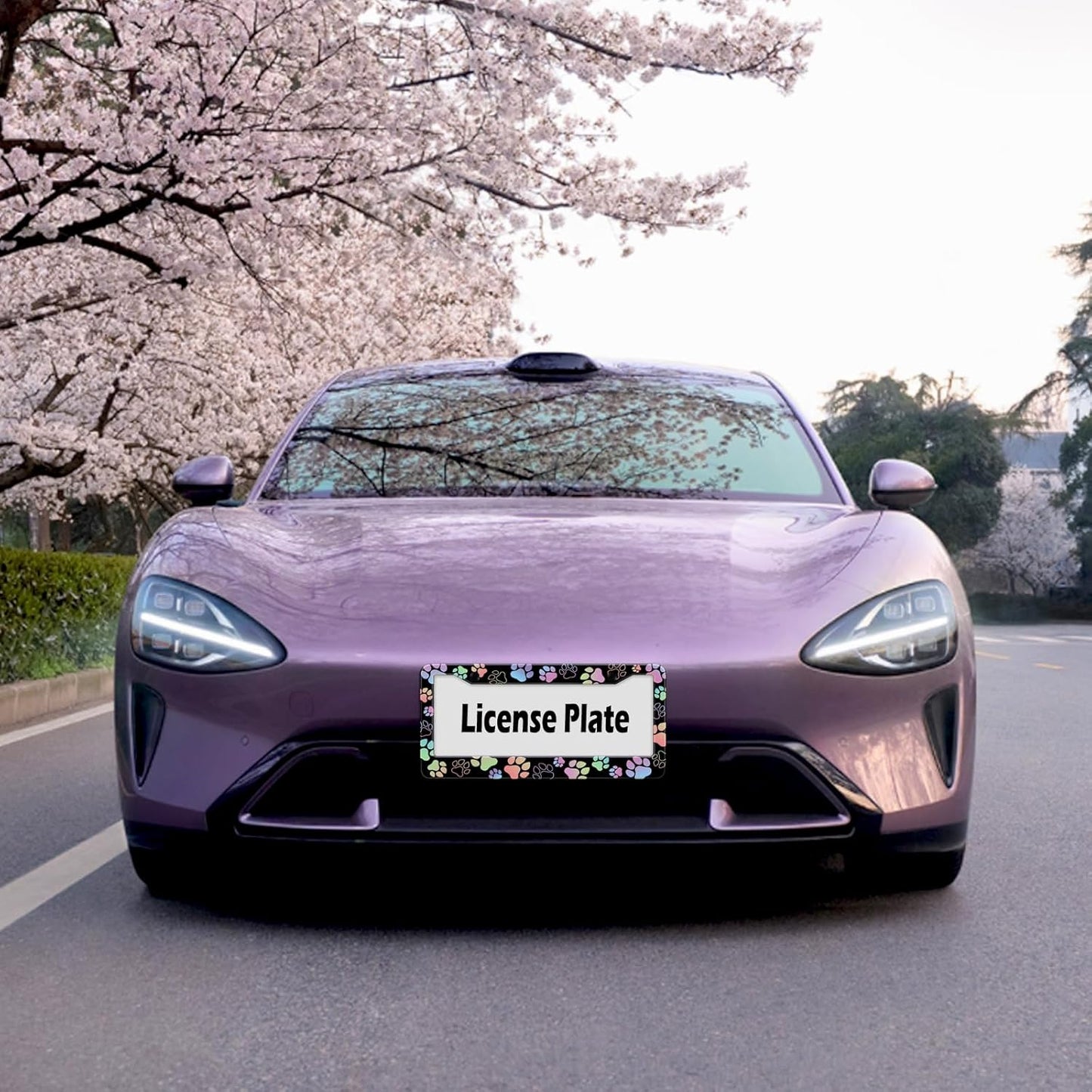 Dog Paw Car License Plate Frames, Colorful Pet Paw Printed License Plate Holder Cover, Metal Aluminum Rustproof Car Accessories for US Canada Standard Women Men 2 Holes with Screw Caps