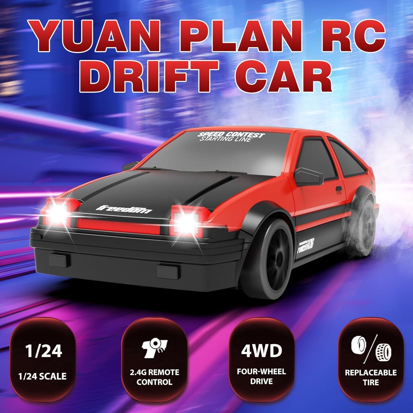 RC Drift Car, 1:24 Remote Control Cars 2.4GHz 4WD High Speed Drift RC Cars with LED Light and Dritfing Tires Racing Hobby Toy Car for Boys Girls Kids Adults (Red)