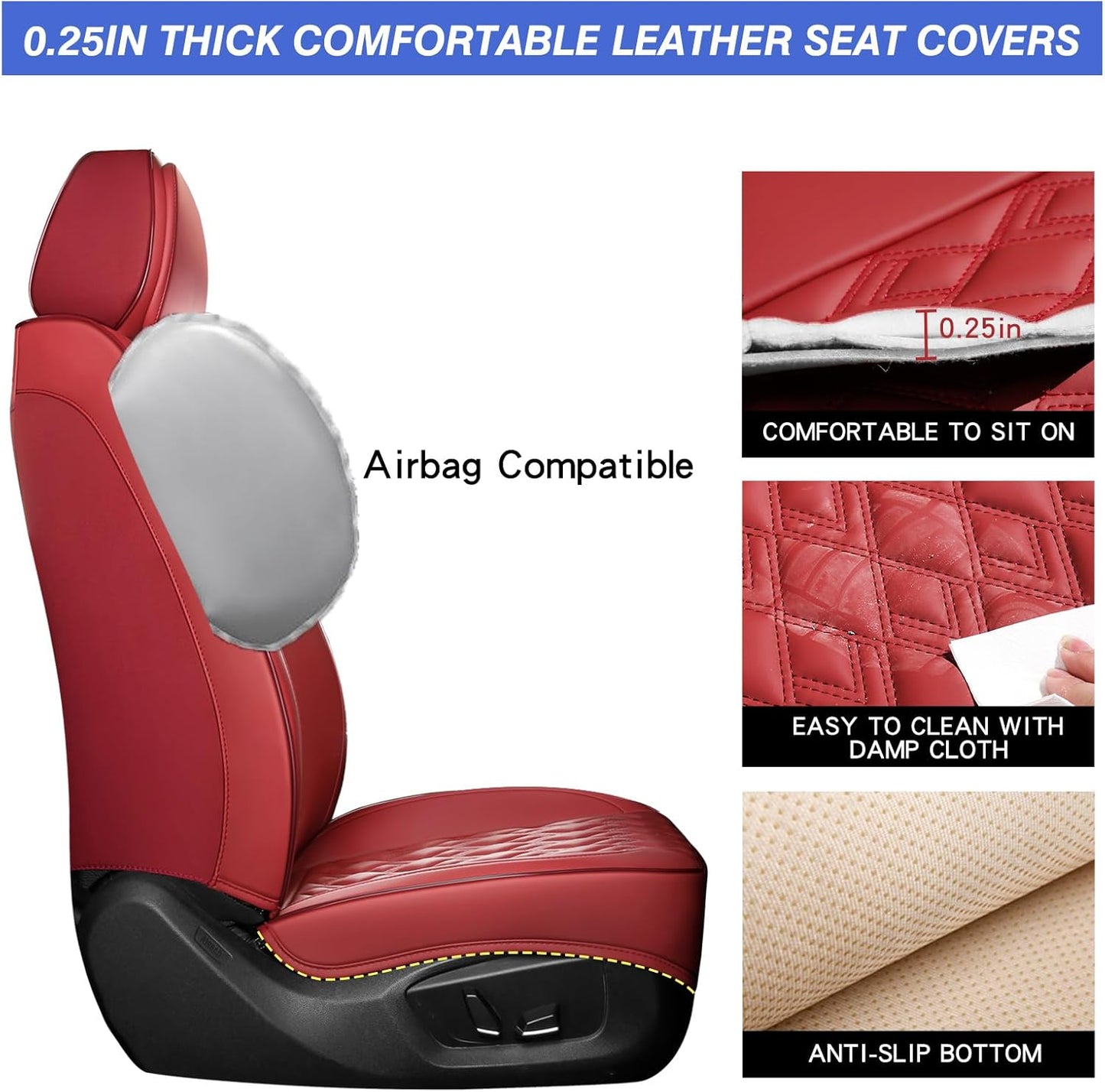 Car Seat Covers Full Set, Leather Seat Covers for Cars, Car Seat Protector Waterproof, Non-Slip Car Interior Covers Fit for Most Cars, SUV, Vans, Trucks,5Seaters,Full Set,Wine-Red