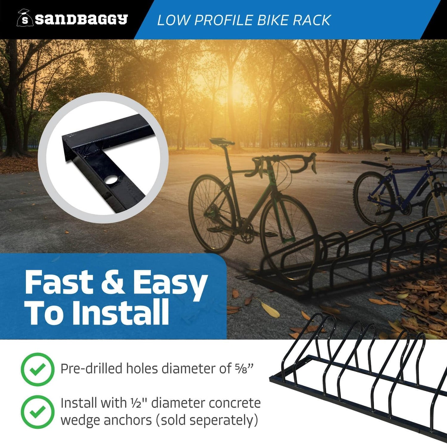 Sandbaggy Commercial Low Profile Bike Rack - Outdoor, Surface Mount, Steel - 4 Bike (4 Capacity (Low-Profile), 5)
