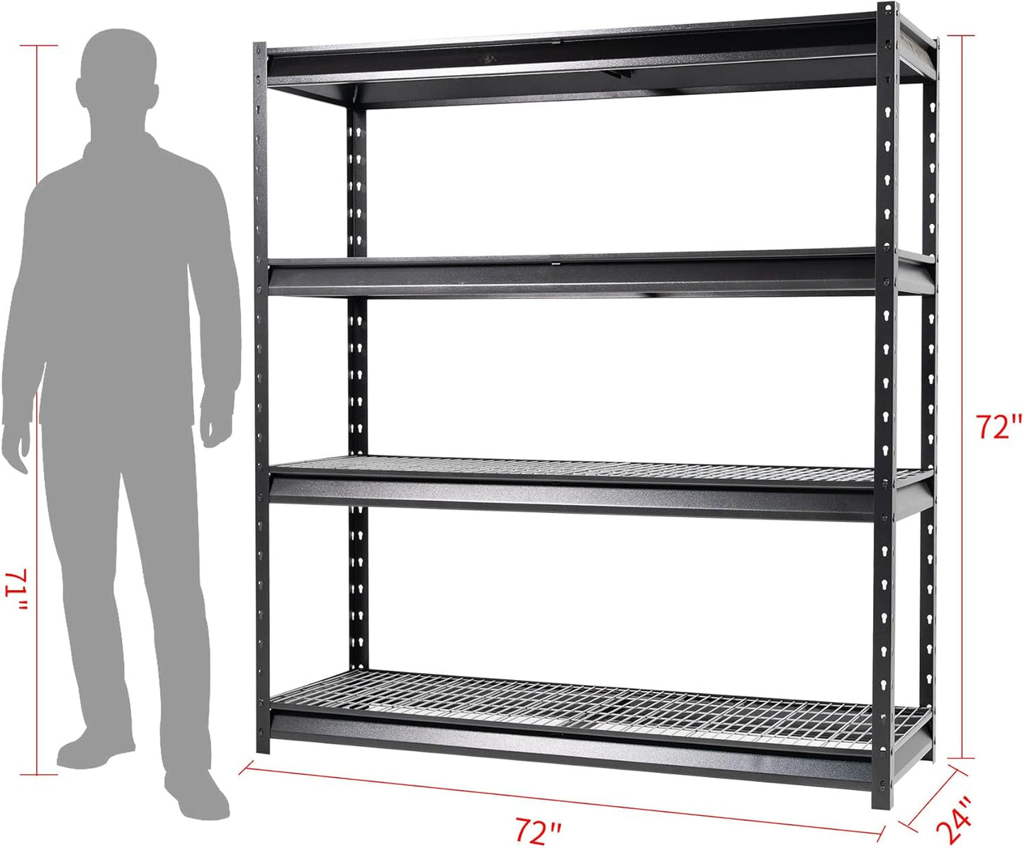 The Atlas 72" W Metal Garage Shelving Unit Load 12000 Lbs, 4 Tier Heavy Duty Storage Rack, Adjustable Industrial Shelves for Warehouse Shop Basement, 72" W x 24" D x 72" H, Black