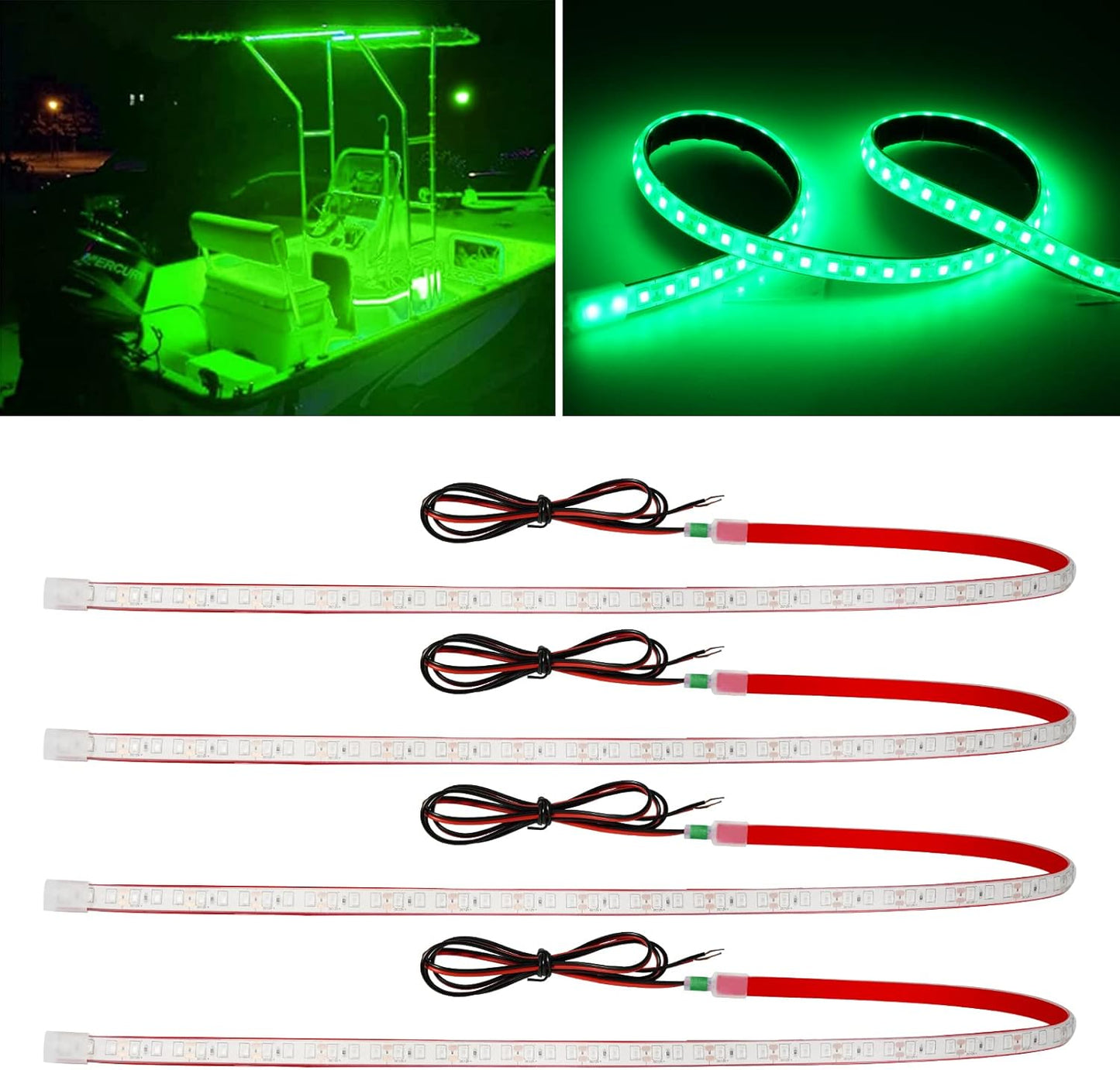 Green Led Strip Lights,24inch 12V Interior Light Strip IP68 Waterproof Cuttable for Car Motorcycles Boat Golf Cart Truck Cargo Home Decoration with Strong Nano Tape(4PCS)