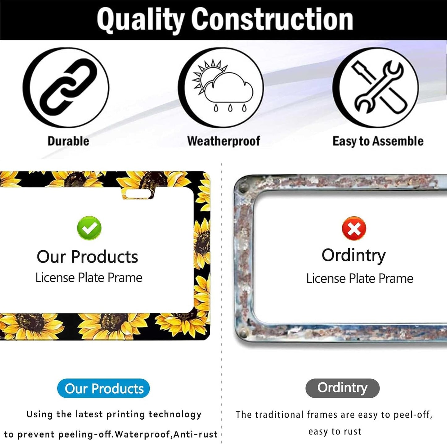 Sunflower License Plate Frame Nature Theme Sunflower License Plate Holder Auto Accessory Bracket Aluminum Floral License Tag Plate with Screws 6x12 Inch-1Pcs