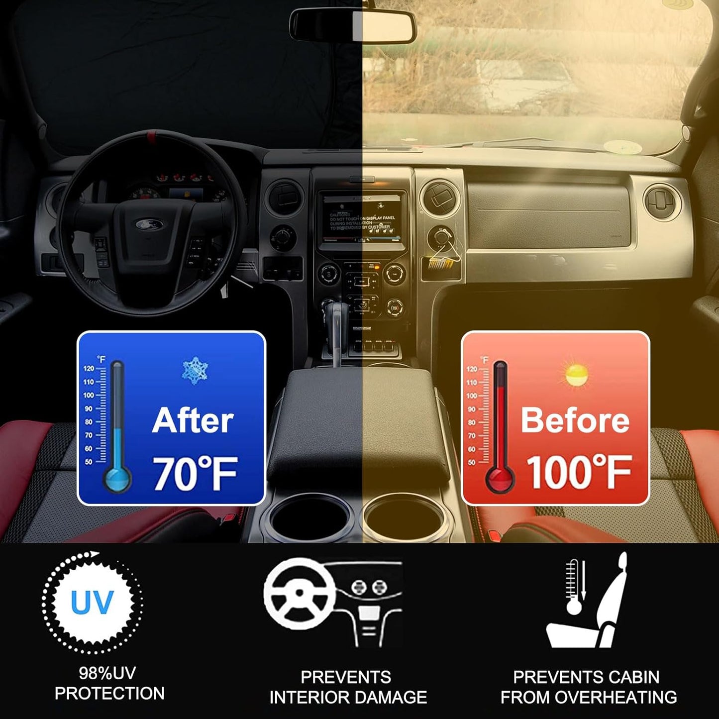 2024 Upgrade Front Windshield Sunshade fit for Ford F150 2009-2014 Foldable Car Shade 240T Reflective Polyester Ford F-150 Lariat King Ranch Platinum XL XLT Limited Raptor Accessories |Keep Cool|