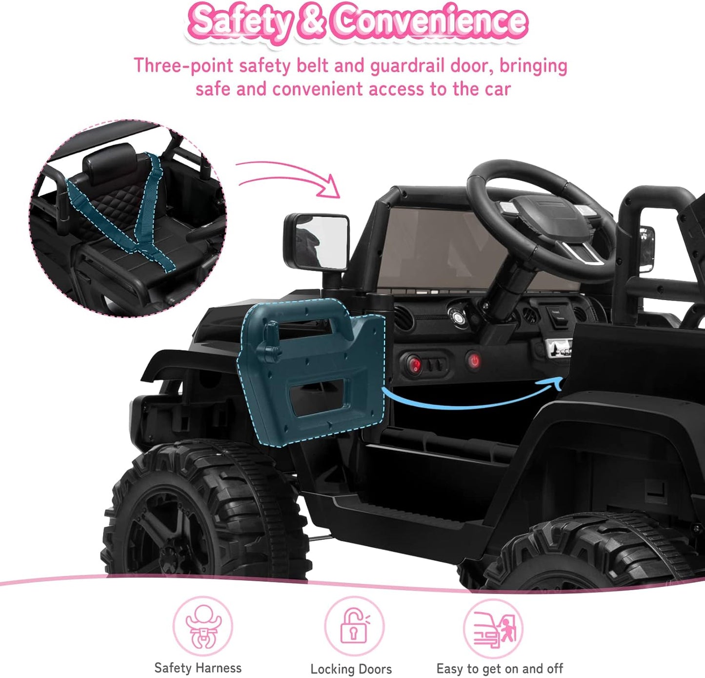 JOYMOR Ride on Truck with Remote Control, 4 Wheels 12V Battery Powered Kids Car, with LED Headlight/Horn Button/ MP3 Player/USB Port/Forward Backward/Kids Girl Boy (Black)