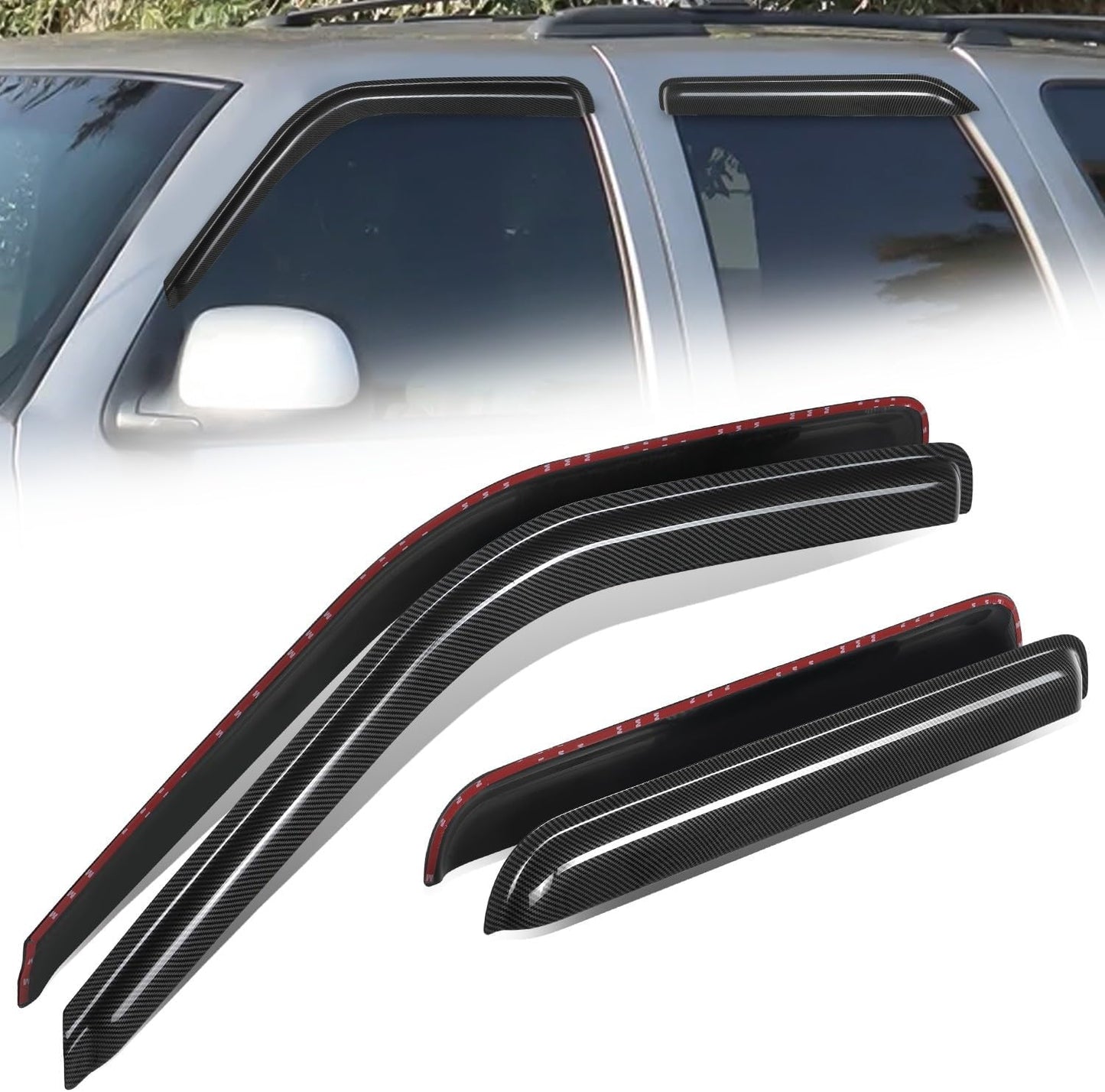 Auto Dynasty 4PCS Carbon Fiber Pattern Window Visors Compatible with 1992-2000 Chevy Tahoe GMC Yukon Suburban C/K 1500 2500 3500 Crew Cab Escalade, Tape-On Front & Rear Window Deflectors