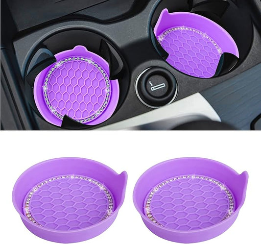 Amooca Car Cup Coaster Universal Non-Slip Cup Holders Bling Crystal Rhinestone Car Interior Accessories 2 Pack Purple