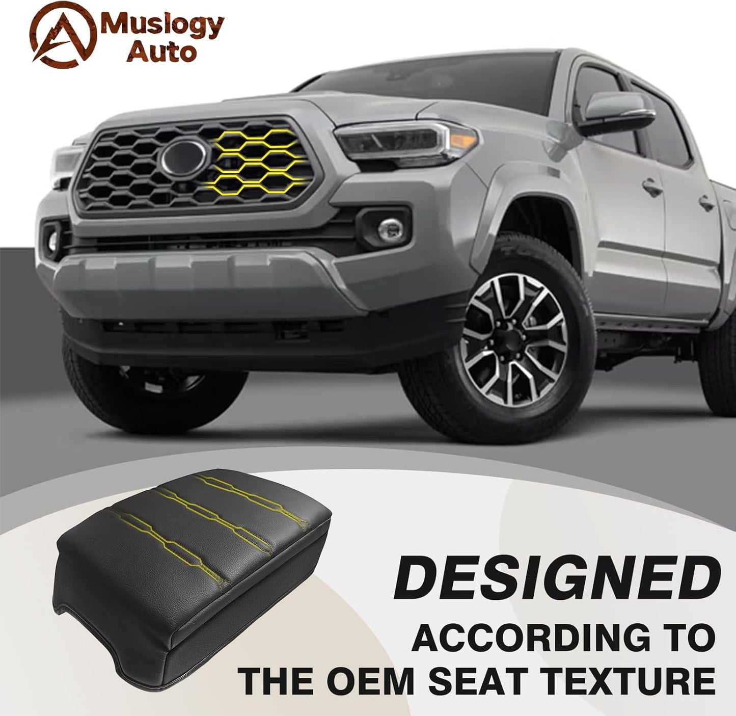 Muslogy Center Console Armrest Cover Compatible with Toyota Tacoma 2016-2023 Comfort Armrest Pad Arm Rest Cushion Vegan Leather Protector 1-Inch Extra Thick