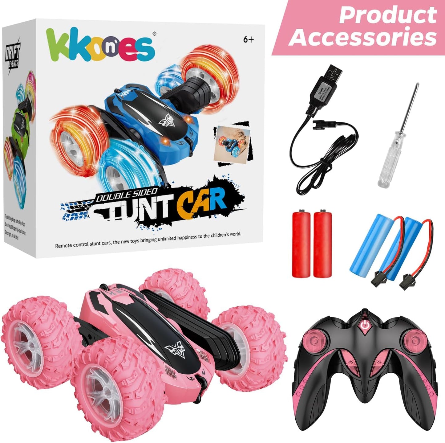 Remote Control Car, 2.4GHz RC Stunt Car, Double Sided 360° Rotating RC Cars with LED Headlight & LED Wheel, High Speed Off Road RC Crawler Xmas Gift for 3 4 5 6 7 8-12 Year Old Girls Toys (Pink)