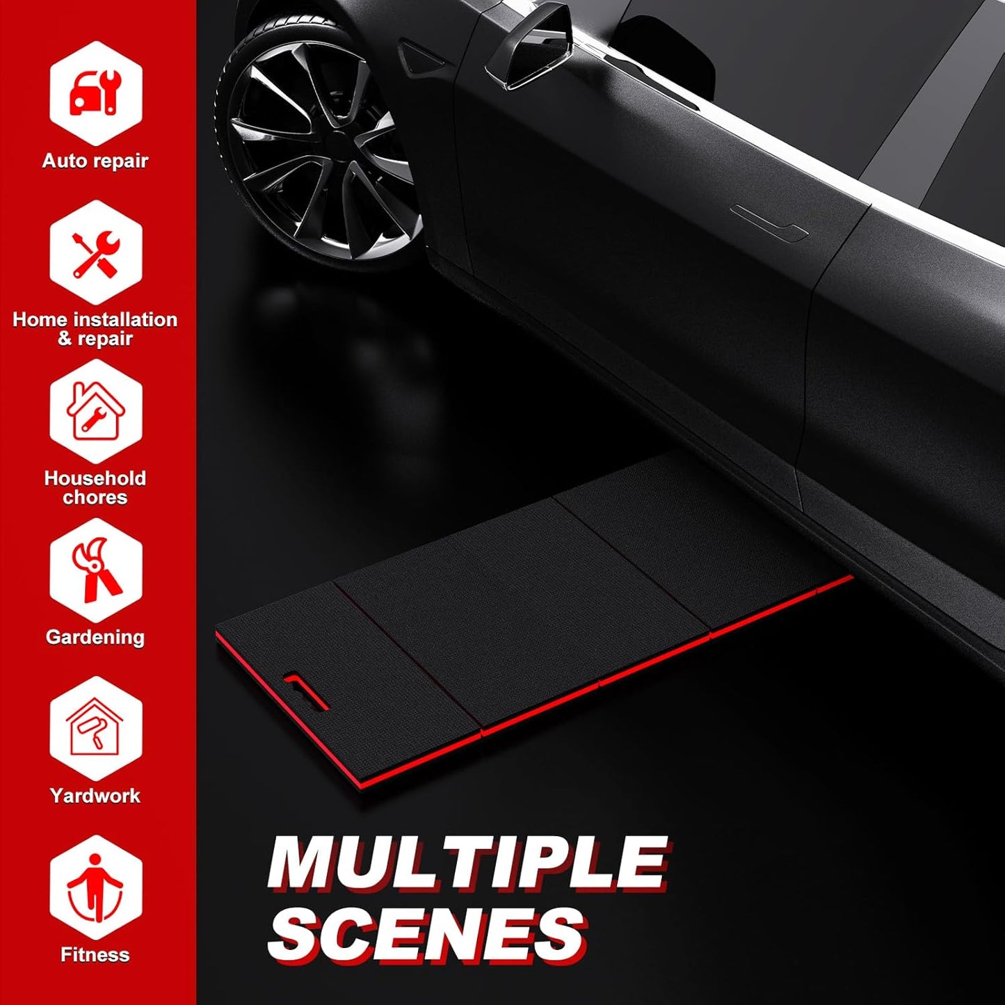 Thick Mechanic Mat, Foldable EVA Mat with Magnetic Tool Compartments, Waterproof Mechanic Kneeling Pad with Handle for Garage Workshop Repairing Gardening, 46.5" x 15.8" x 1.1 ", Black & Red