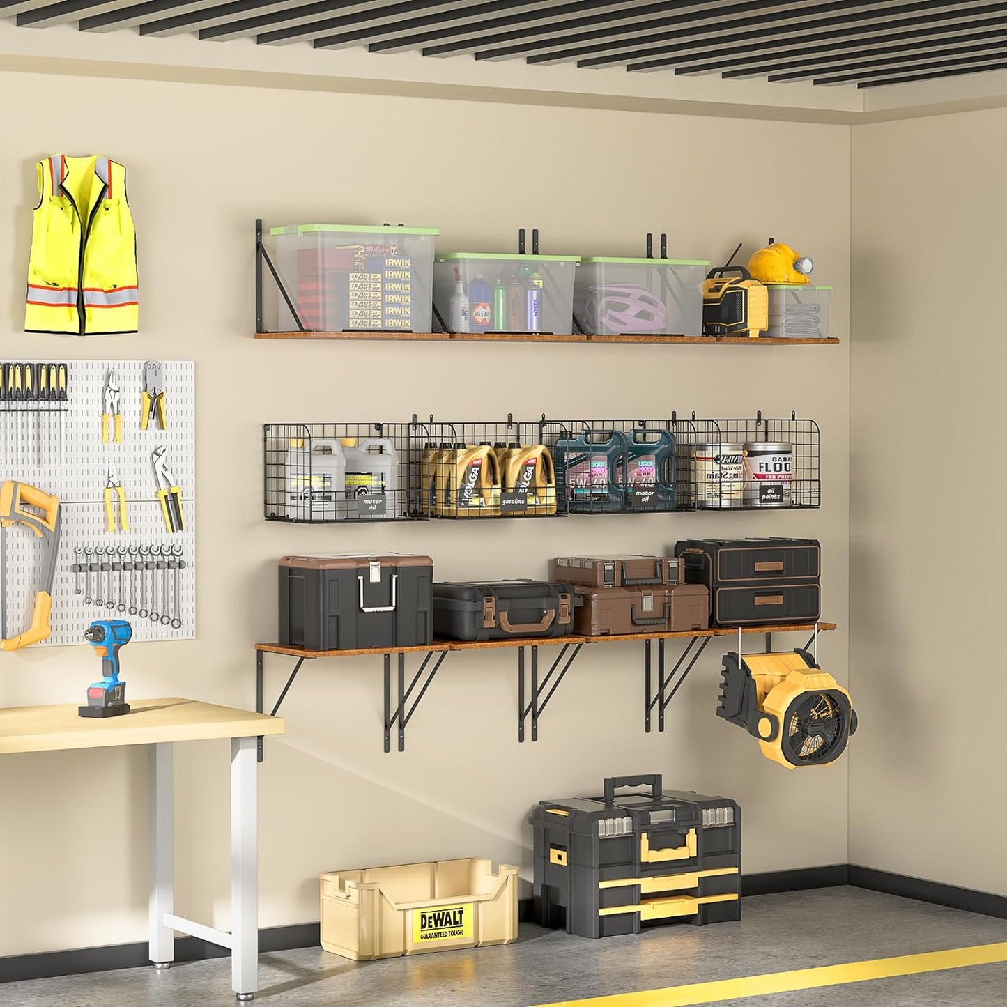 2 Pack Garage Shelves Wall Mounted with Wire Storage baskets, Heavy Duty Garage Wall Shelving with Hooks, Wooden floating shelves Tool Organizer for Home Garden Garage Organizers and Storage