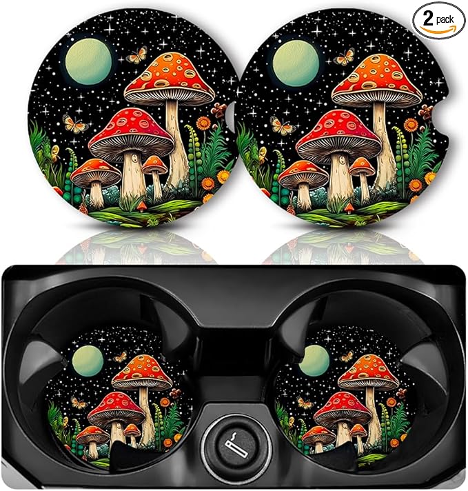 Car Coasters for Cup Holders，2.75" Anti Slip Rubber Mat with A Finger Notch, 2 Pack Car Cup Holder Coasters for Car Interior Accessories for Women Men Mushroom