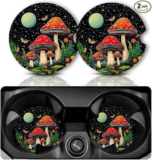 Car Coasters for Cup Holders，2.75" Anti Slip Rubber Mat with A Finger Notch, 2 Pack Car Cup Holder Coasters for Car Interior Accessories for Women Men Mushroom