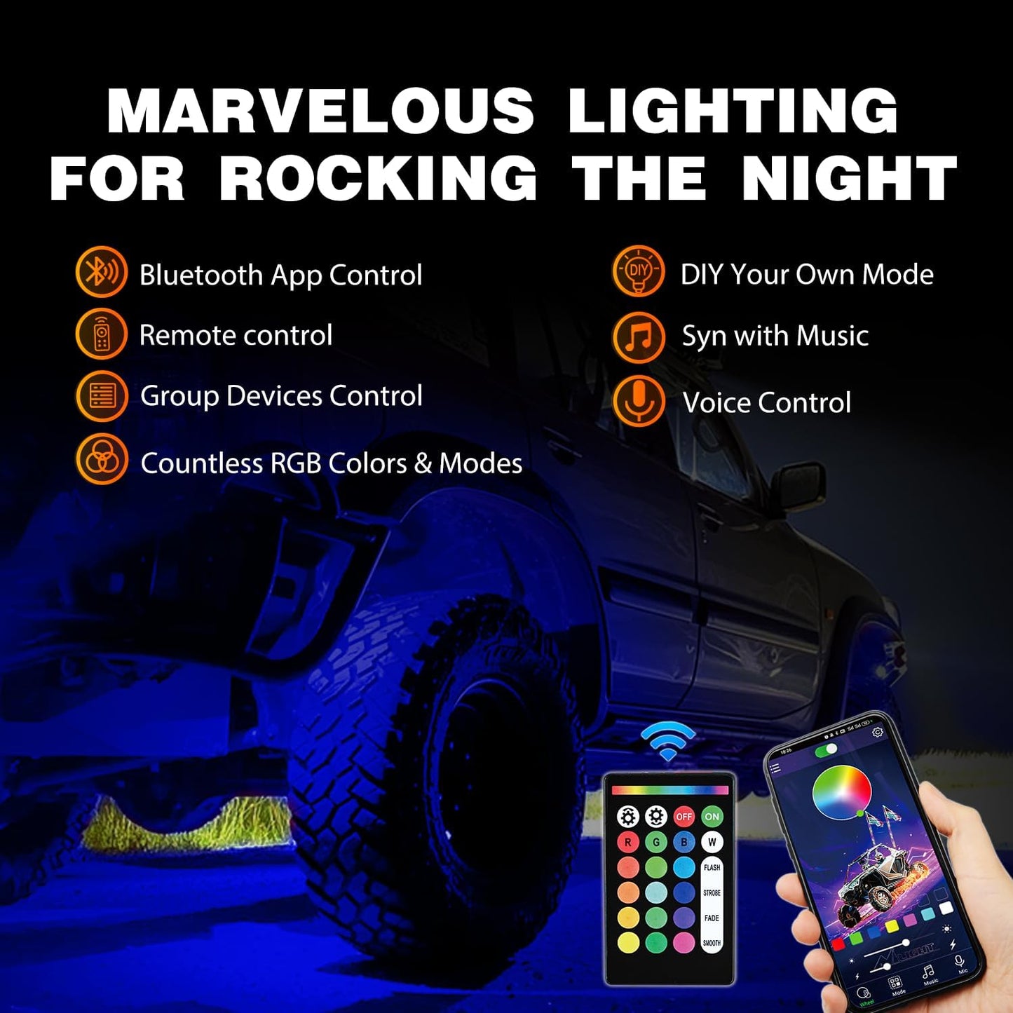 Nilight RGB LED Rock Lights Kit 10 Pods Underglow Multicolor Neon Pod with Remote & Bluetooth App Control DIY Flashing Music Mode Wheel Well Light for Truck ATV UTV RZR SUV