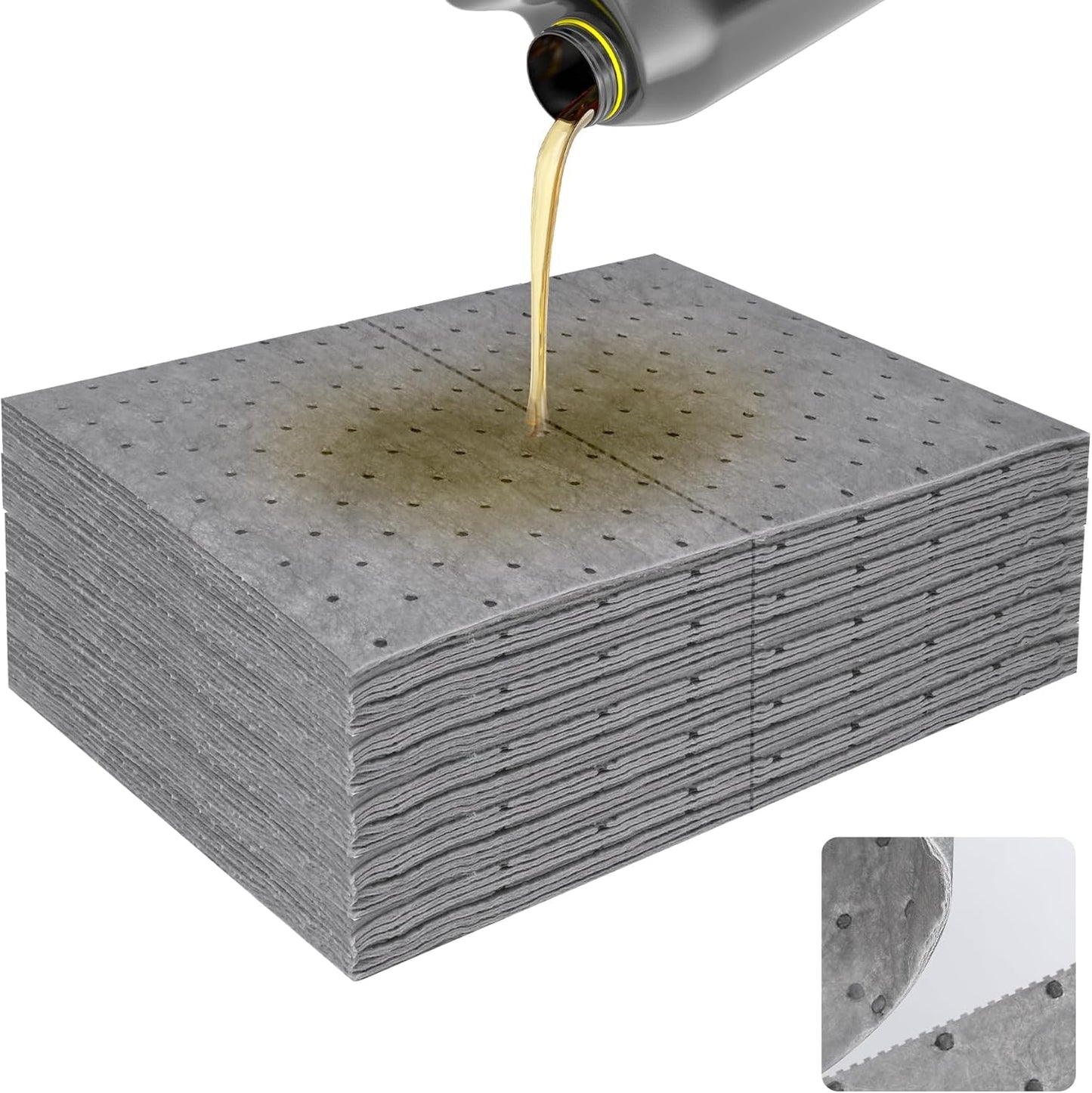 50PC Oil Absorbent Pads | 13"x10" Meltblown Polypropylene Mats, Hand-Tear Lines for Automotive & Workshop | Vacuum Eco-Packaging, Reusable Spill Control