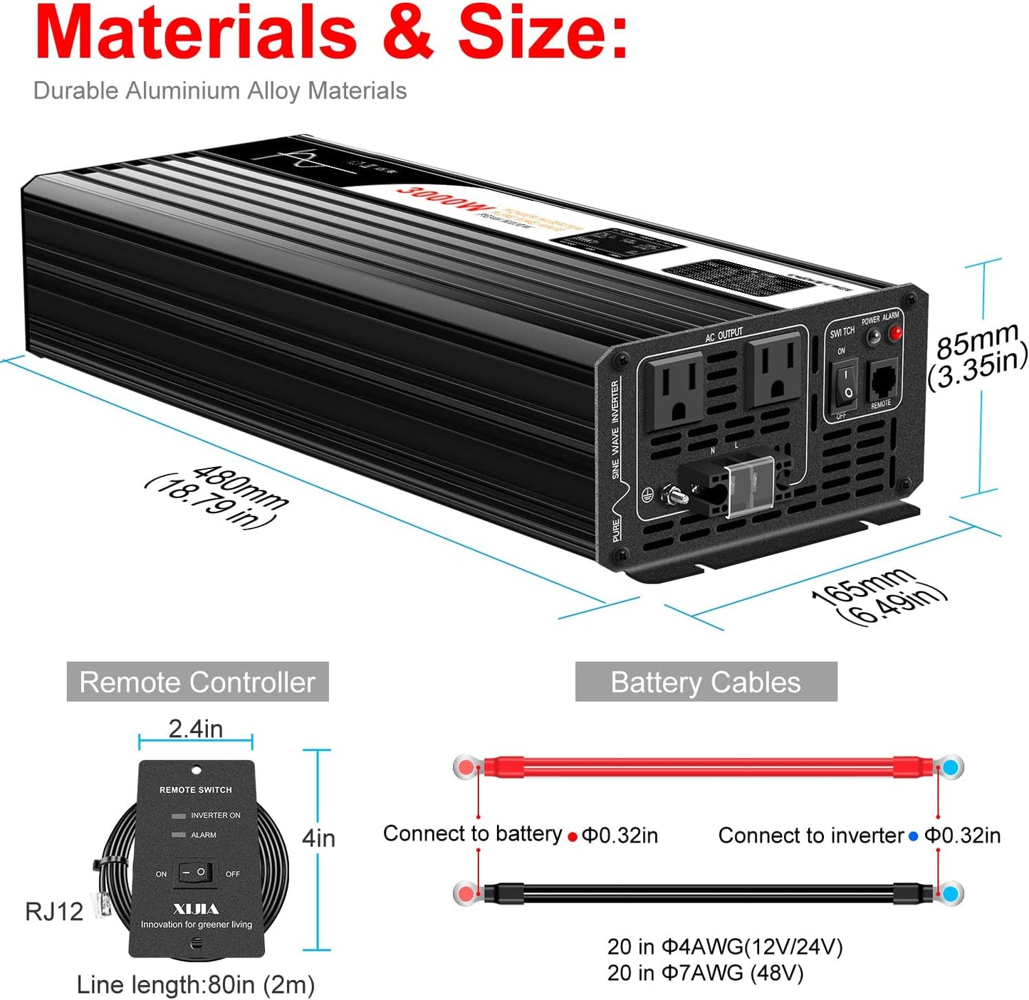 Xijia 3000W (Peak Power 6000W) Pure Sine Wave Power Inverter DC24V to 110V 120V ac Converter 60HZ with Soft Start for car &Camping (DC24V (Range 20V-30V) 3000W)