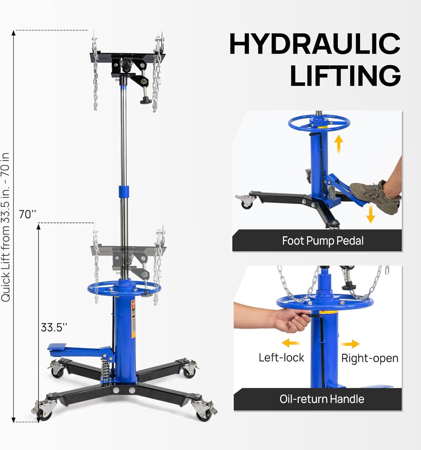TUFFIOM Transmission Jack, 1660 lbs 3/4-Ton Hydraulic 2-Stage High Lift Vertical Telescoping Floor Jack Stand, 34" to 68" Lifting Range, w/Pedal, 360° Swivel Wheels, Garage/Shop Lift Hoist, Blue