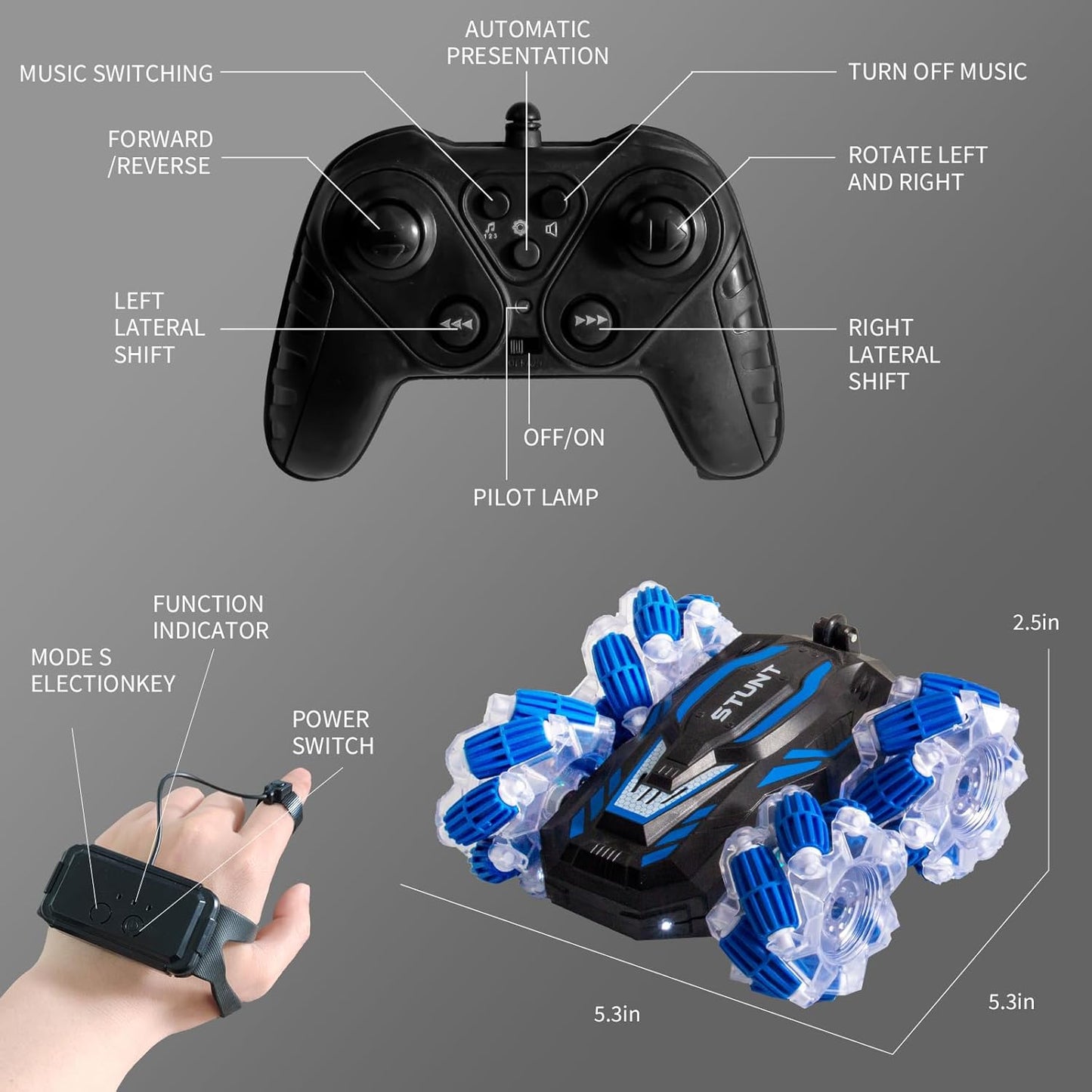 Remote Control Car, 2.4 Ghz 4WD Gesture Sensing RC Stunt Car, Double Sided 360° flip, with Cool Lights and Music, Birthday Present Toys Car for Boys SND Girls Aged 5-12 (Blue)