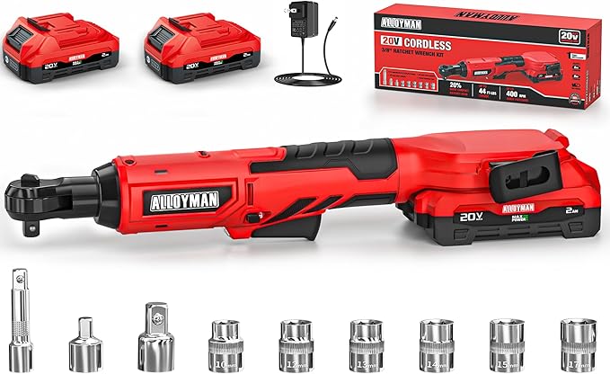 Alloyman 3/8" Cordless Ratchet Wrench Set, 44FT-LBS(60N.m) Electric Ratchet, 2 X 20V Chargeable Power Ratchet Wrench Set with Variable Speed, LED Light, 6 Sockets, 1/4" Adapter, 3" Extension Rod
