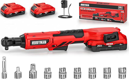 Alloyman 3/8" Cordless Ratchet Wrench Set, 44FT-LBS(60N.m) Electric Ratchet, 2 X 20V Chargeable Power Ratchet Wrench Set with Variable Speed, LED Light, 6 Sockets, 1/4" Adapter, 3" Extension Rod