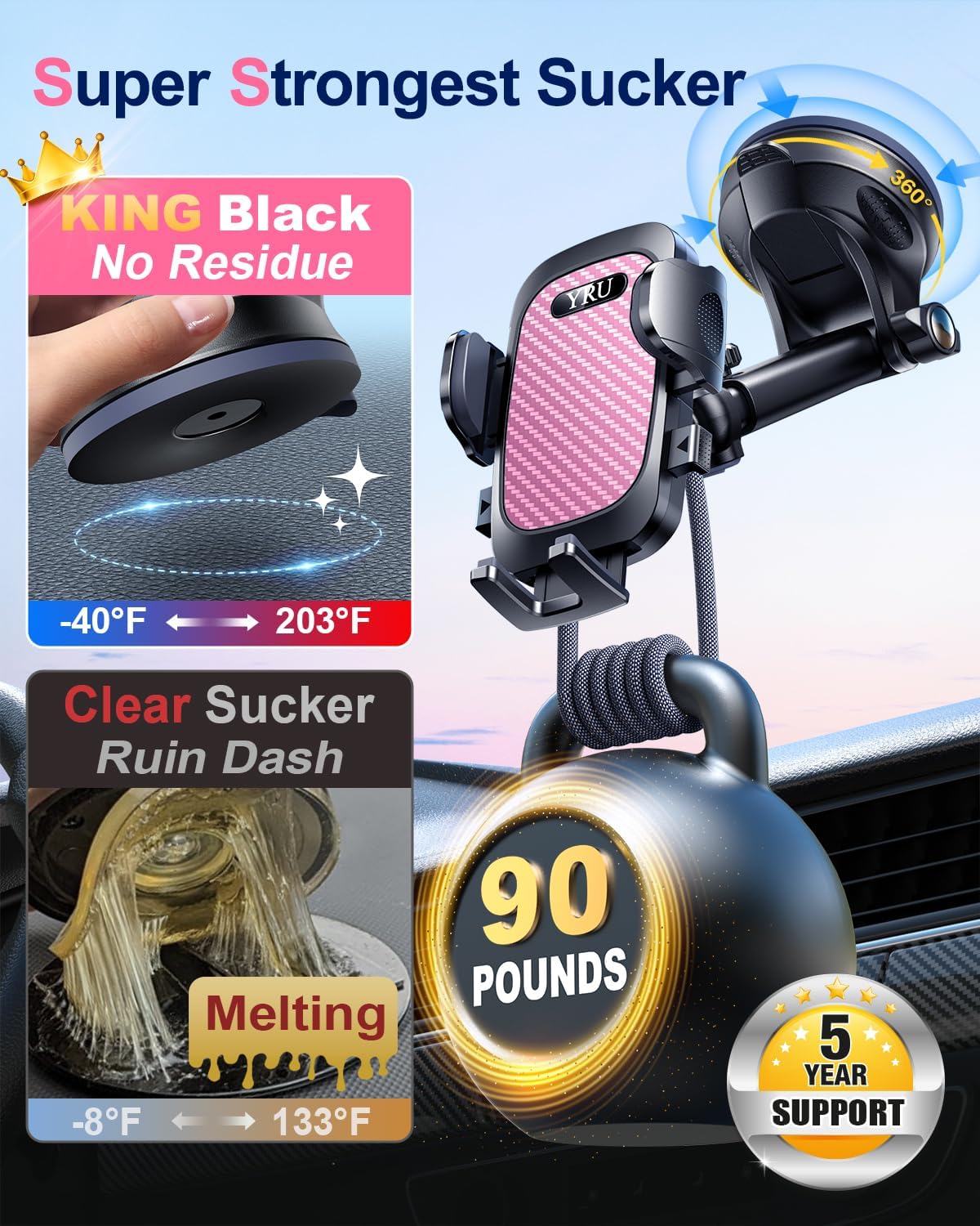 YRU [True Military-Grade 360 Degrees Rotatable Suction] 2025 Ultimate Car Phone Holder Mount 90+LBS Safest Strongest Patent Certs Dashboard Windshield Vent for iPhone 16 15 Pro Max Samsung Light Pink