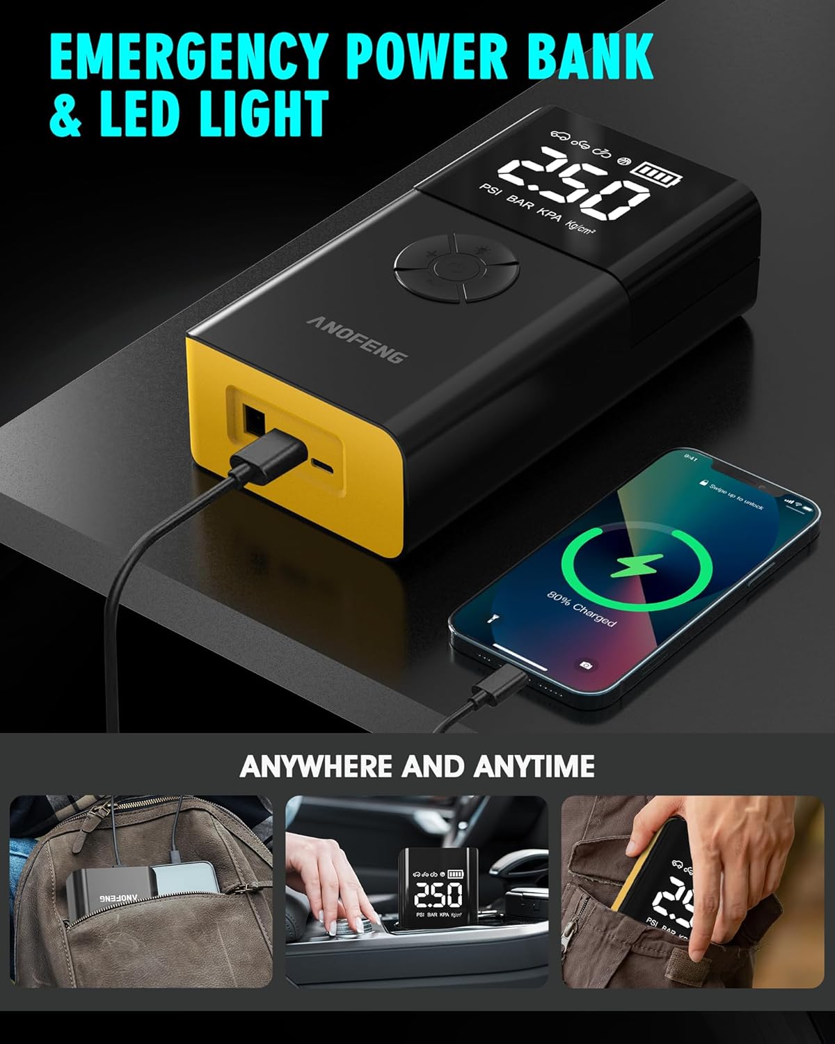 Portable Car Jump Starter with Air Compressor,4000A 150PSI 12V Car Battery Jump Starter,Jump Box Battery(10L Gas/8L Diesel),with Jumper Cables,3 Modes Flashlight,23000mah Power Pack,LCD Display