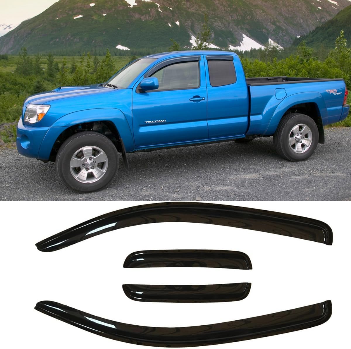 4pcs Original Shatterproof Outside Mount Style Window Rain Guards Durable Side Wind Deflectors Dark Smoke Nice Looking Vent Window Visors fit for 2005-2015 Toyota Tacoma Extended cab (Access) TY4P07