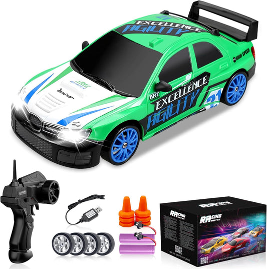 RC Drift Car 2.4GHz 1:24 Scale 4WD Remote Control Car 15KM/H High Speed Drifting RC Cars with Cool Lights, Two Batteries and Extra Tires Toys for Kids Boys Girls Adults, Green