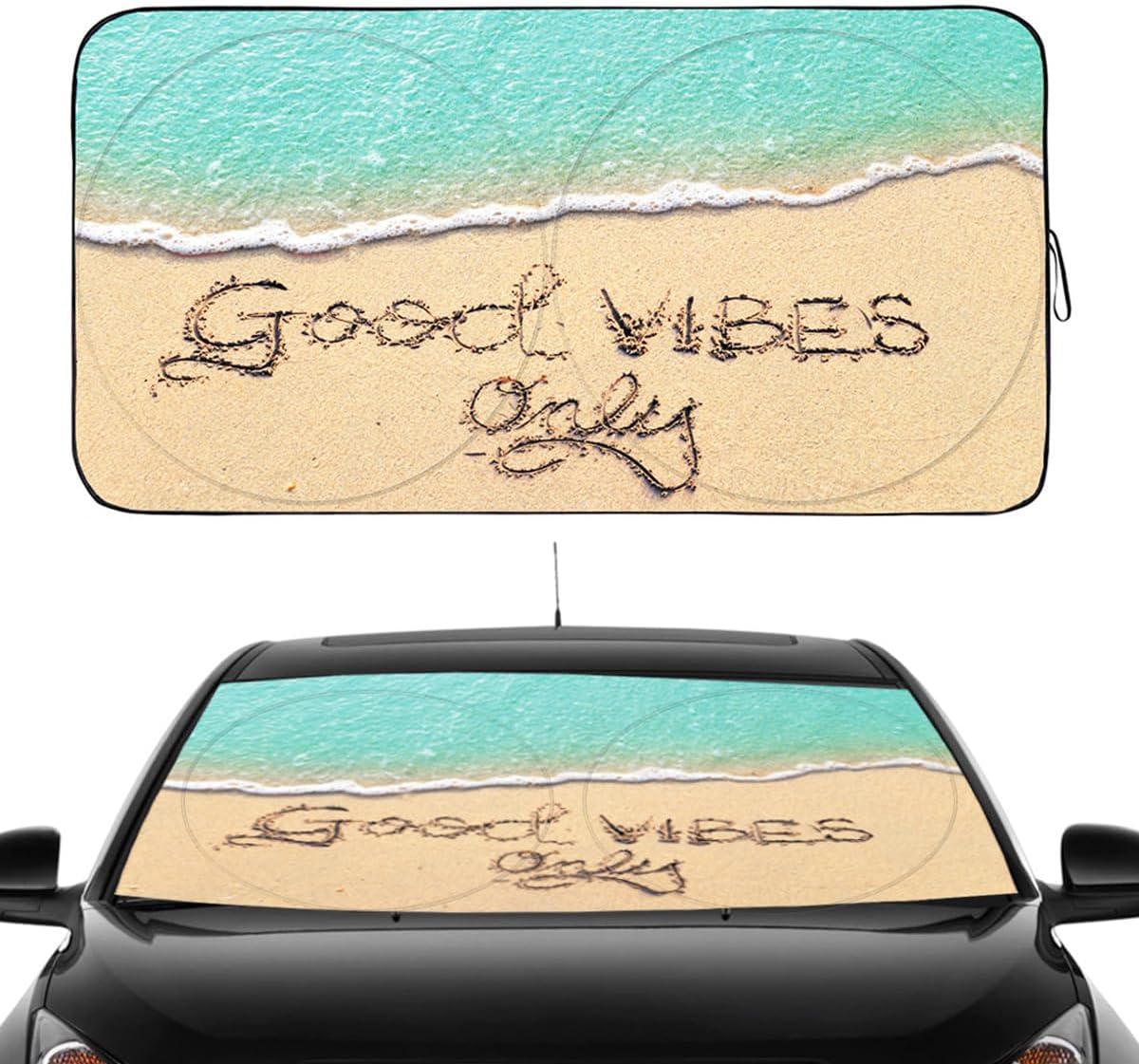 Gven Windshield Sun Shade, Car Front Window Shades Cute Sunshade Windshield Cover Sun Visor Shield Block Automotive Interior Protector Blocks UV Rays for Car Pickup Truck SUV (Good Vibes, L)