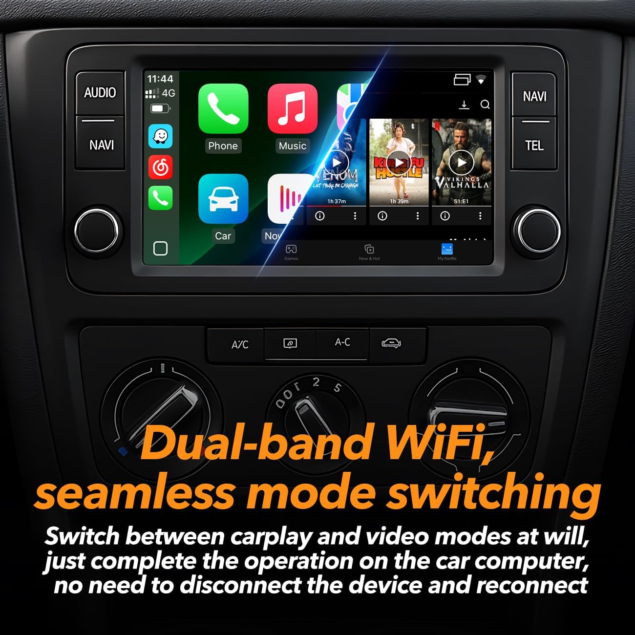 Volam 3-in-1 Wireless CarPlay Adapter Magic AI Video Box for iPhone with Netflix YouTube Plug and Play for Factory OEM Wired Car Play Cars & iOS 10+