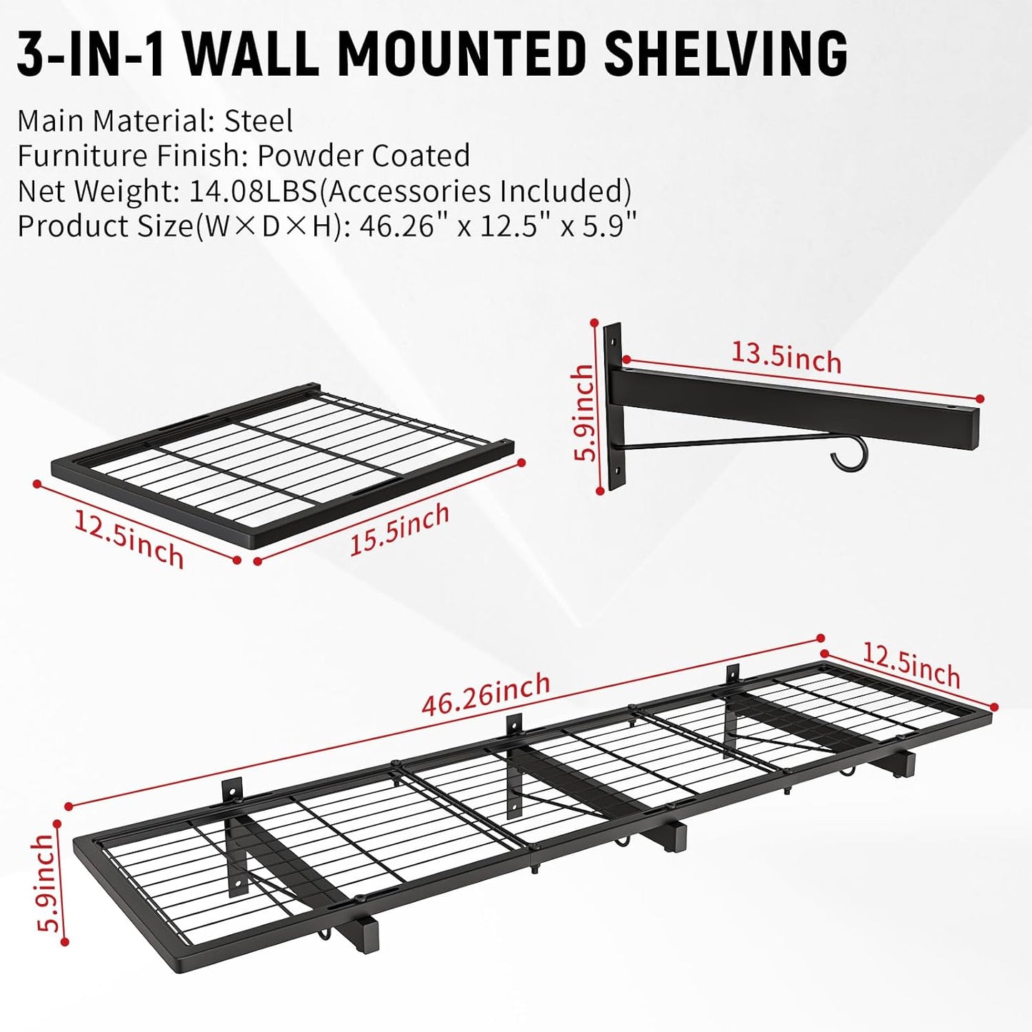 Garage Wall Shelves, 46"X12.5", 1 Shelf, Modern Style, Heavy Duty, Black, 160 LBS Capacity, Garage Storage & Organization System