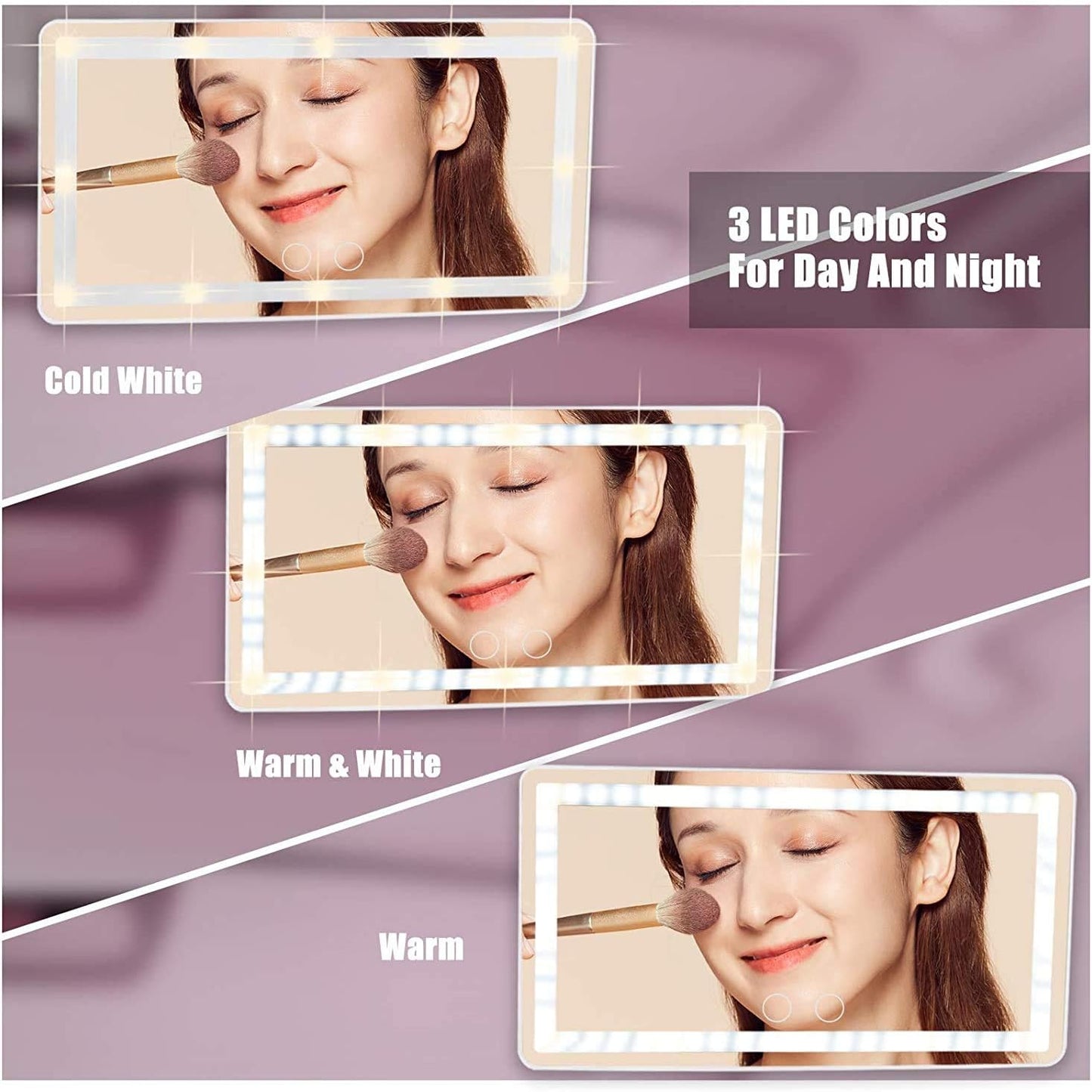 Car Sun Visor Vanity Mirror, Makeup Mirror with 3 Light Modes & 60 LEDs Rechargeable Led Light Car Mirror with Dimmable Touch Screen, Rear View Sun-Shading Travel Cosmetic (White,1 Pack）