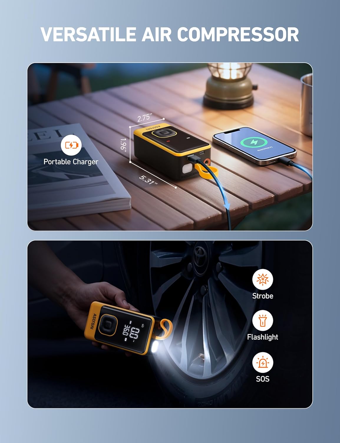 AstroAI L7 Air Tire Inflator Portable Air Compressor, 150PSI Electric Cordless Bike Pump with Fast 1-min Inflation, Auto Shutoff, LED Light – Rechargeable for Car, SUV, Motorcycle, Bike Tires, Yellow