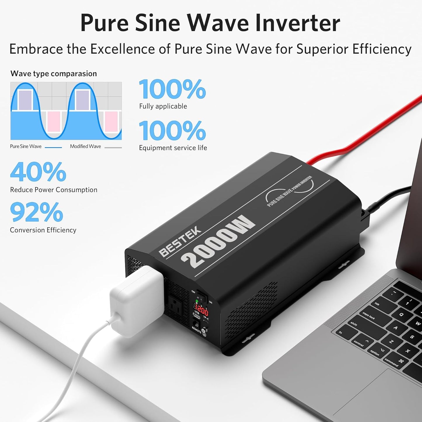 BESTEK 2000 Watt Pure Sine Wave Power Inverter, 12V DC to 110V/120V AC Inverter with 3 AC Outlets, USB & Type-C Port, Remote Controller, Off-Grid Solar Power Inverter 12V to 110V for Home, RV, Truck