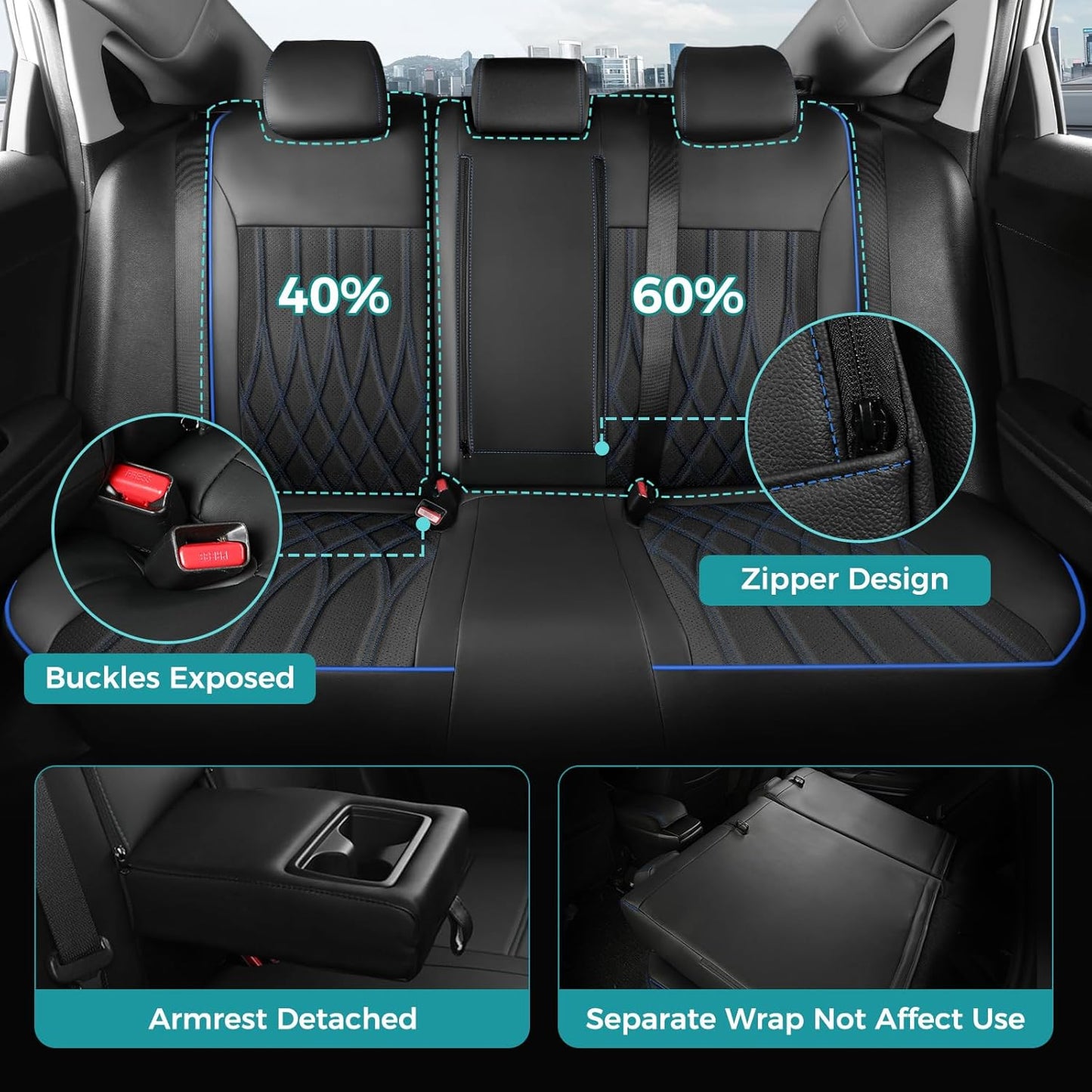 Seat Covers for Honda Civic Sedan EX-L, EX-T, EX, Touring, LX-P, Sport 2016 2017 2018 2019 2020 2021, Faux Leather Car Seats Cover Full Set(Rear Row 40/60 Split & Folding Backrest)-BlackBlue