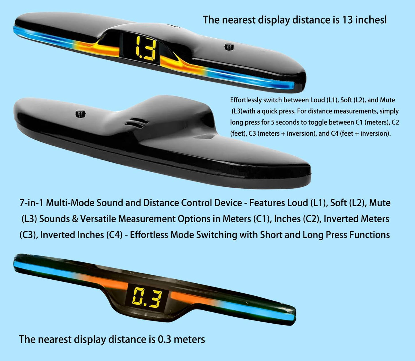 New Feature Rear Parking Sensor with Selectable Distance in Feet, Bidirectional Display Options, and Customizable Numeric Orientation（Silver Black）