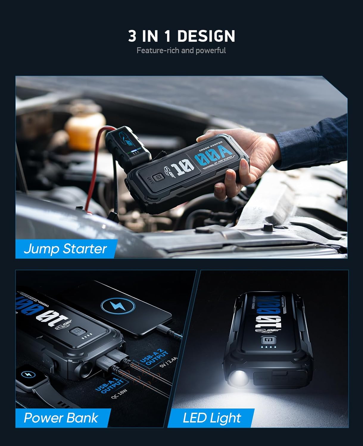 Portable Car Battery Jumper Starter 1000A Jump Box with Power Bank LED Light Protection Case for Car Emergency Kit, 12V Booster Pack Jump Starter with Heavy Duty Jump Cables, GREEN KEEPER GK-J1201