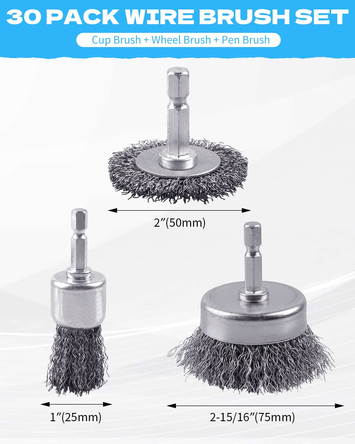 30 Pack Carbon Steel Wire Wheel Brush, Rocaris Cup Brush, Wheel Brush, Pen Brush Set with 1/4-Inch Hex Shank for Rust Removal, Corrosion and Scrub Surfaces