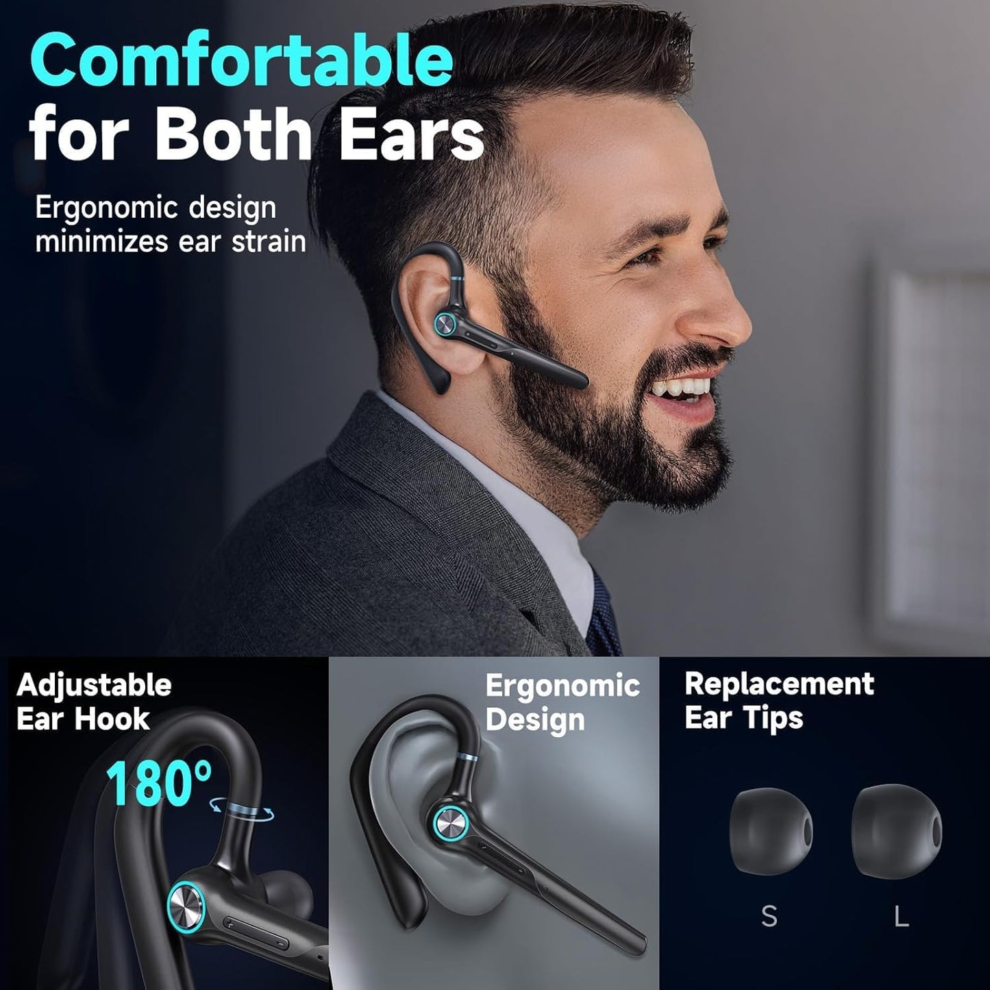 Bluetooth Headset Wireless Earpiece 60Hrs Playback Built-in Dual Mic Noise Canceling Wireless Headset Earphone with 400mAh LED Charging Case for Business Office Trucker (Black)