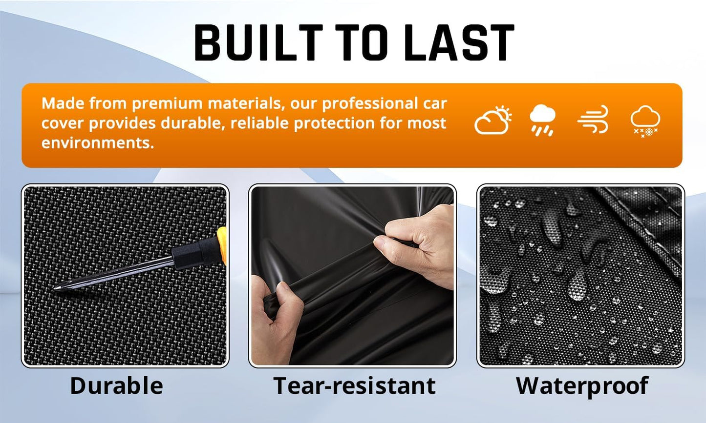 Mustang Car Cover Waterproof All Weather with Silver Strip Design, Custom Fit for Ford Mustang 1994–2025, Mustang Accessory with Door Zipper & Windproof Straps