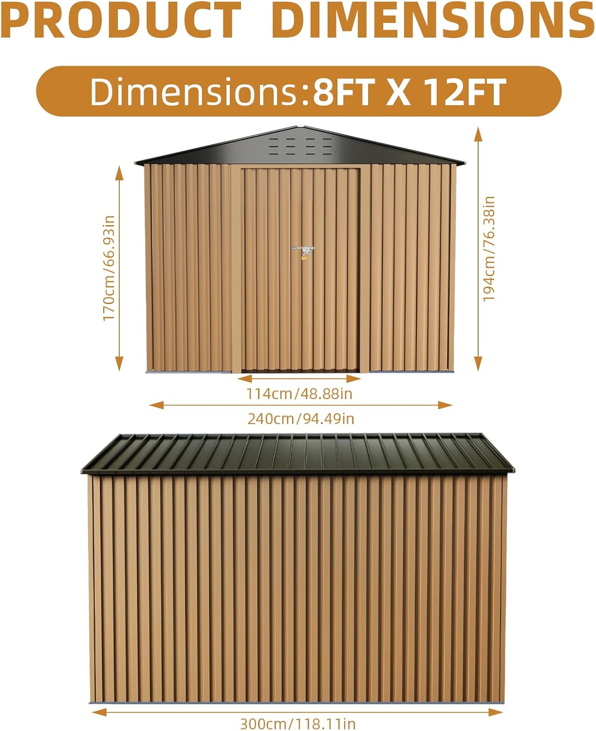 8X12FT Outdoor Metal Storage Shed, Lockable Weatherproof Garden Shed for Tools & Equipment, Durable Galvanized Steel with Sloping Roof & Ventilation, Ideal for Backyard, Patio & Garage Storage, Brown