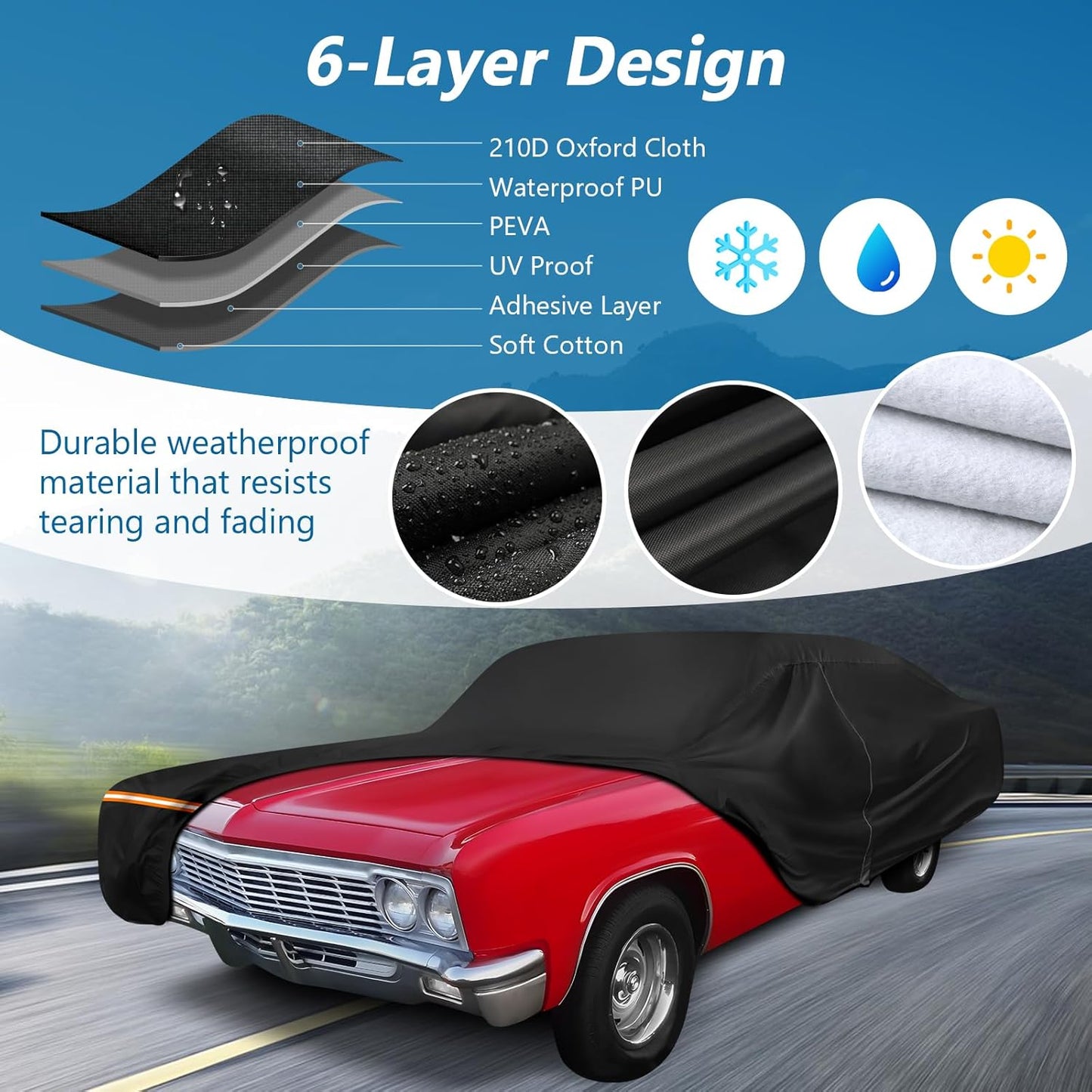 Car Cover for Chevy Caprice 2/4 Door Coupe/Sedan 1966-1996, Waterproof 210D Oxford Cloth and Cotton Cover Outdoor Full Car Covers with Zipper Windproof Heavy Duty All Weather Protectio