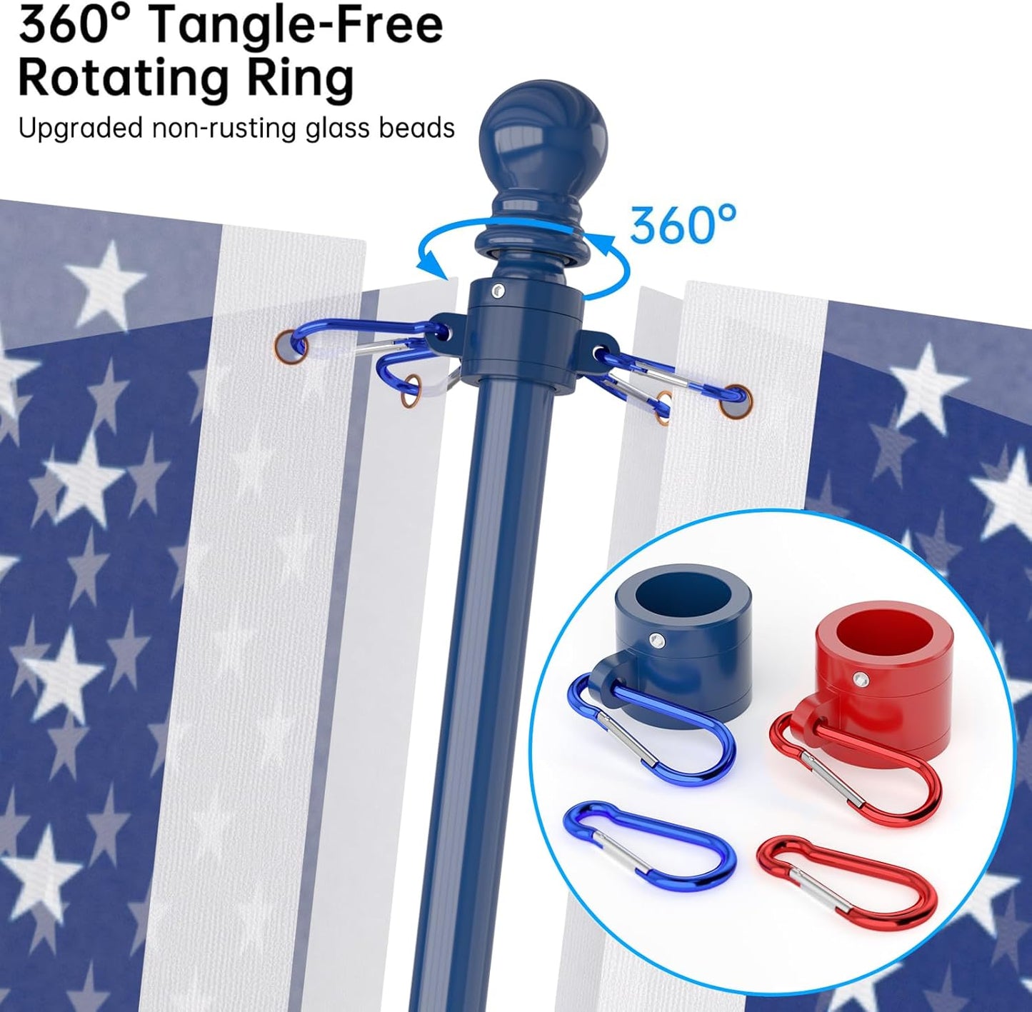 ZMTECH Flag Pole - Upgraded Bracket, 6 FT Stainless Steel Flag Poles for Outside House, Residential or Commerical, Tangle Free Flag Pole Kit for American Flag (Without Flag, Blue&White&Red)