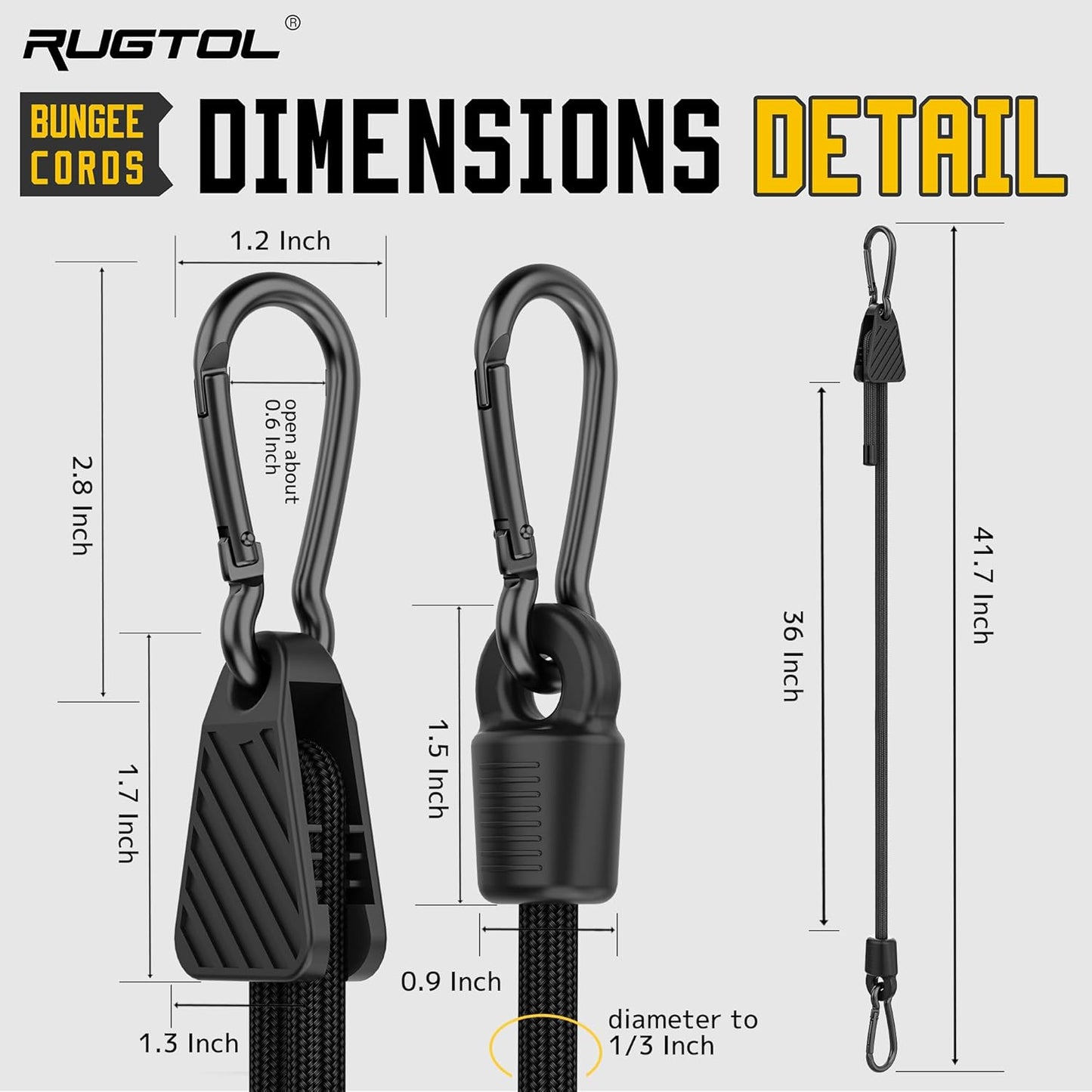 Adjustable Bungee Cords with Hooks, 6 Pack Heavy Duty Outdoor Carabiner Bungee Cord, Black Super Elastic Bungee Straps Easily Adjust from 7" to 36", Great for Cargo, Camping, Bike Racks, Tents